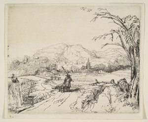 एक चरवाहा और एक कुत्ते के साथ लैंडस्केप, सीए। 1653। द्वारा रिमब्रांड वैन रिजन