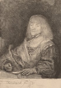 मैन एट ए डेस्क वियरिंग अ क्रॉस एंड चेन, 1641। द्वारा रिमब्रांड वैन रिजन