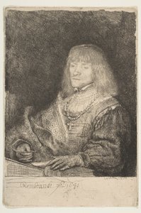 मैन एट ए डेस्क वियरिंग अ क्रॉस एंड चेन, 1641। द्वारा रिमब्रांड वैन रिजन