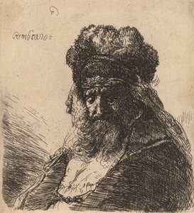 एक उच्च फर टोपी में बूढ़ा दाढ़ी वाला आदमी, आँखें बंद करके, c. 1635. द्वारा रिमब्रांड वैन रिजन