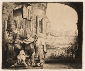पतरस और यूहन्ना मंदिर के द्वार पर अपंग को चंगा करते हुए द्वारा रिमब्रांड वैन रिजन