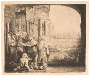 पतरस और यूहन्ना मंदिर के द्वार पर अपंग को चंगा करते हुए द्वारा रिमब्रांड वैन रिजन