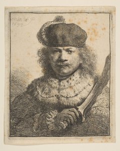 रिमाइब्रांड विथ राइज़्ड सेबर, 1634। द्वारा रिमब्रांड वैन रिजन