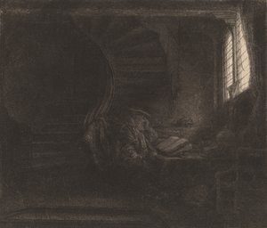 एक अंधेरे कक्ष में सेंट जेरोम, 1642। द्वारा रिमब्रांड वैन रिजन