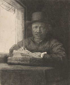 एक खिड़की पर सेल्फ-पोर्ट्रेट ड्रॉइंग, 1648। द्वारा रिमब्रांड वैन रिजन