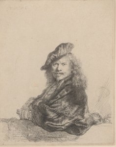 सेल्फ़-पोर्ट्रेट लीनिंग ऑन ए स्टोन सिल, 1639., 1639। द्वारा रिमब्रांड वैन रिजन