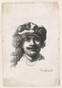 सॉफ्ट कैप पहने हुए सेल्फ़-पोर्ट्रेट: पूरा चेहरा, सिर्फ़ सिर, c. 1635. द्वारा रिमब्रांड वैन रिजन