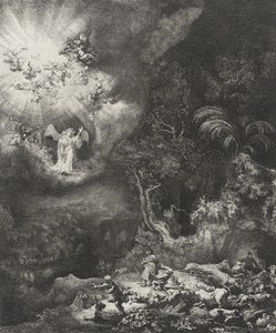 द एंजल अपीयरिंग टू द शेफर्ड्स, 1634 द्वारा रिमब्रांड वैन रिजन