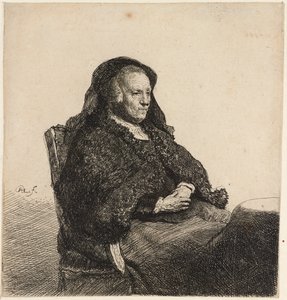 कलाकार की माँ एक मेज पर बैठी, c.1631। द्वारा रिमब्रांड वैन रिजन