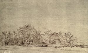 पेड़ों के बीच कॉटेज के साथ शीतकालीन लैंडस्केप, c.1650 (रीड पेन और ब्राउन स्याही) द्वारा रिमब्रांड वैन रिजन