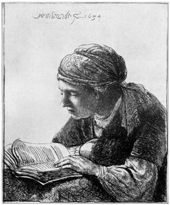 वुमन रीडिंग, 1634, 1912। द्वारा रिमब्रांड वैन रिजन