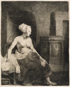 वुमन सिटिंग हाफ-ड्रेस्ड बिस ए स्टोव, 1658 द्वारा रिमब्रांड वैन रिजन