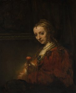 1660 के दशक की एक महिला, एक गुलाबी के साथ। द्वारा रिमब्रांड वैन रिजन