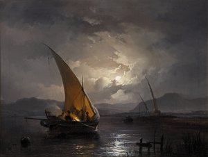 1860 के बाद एक सेलबोट के साथ एक रात का परिदृश्य जहाँ आग जलाई जा रही है, कैनवास पर तेल () द्वारा रिमिगियस वैन हैनन