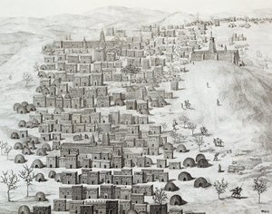 1824 और 1828, अफ्रीका के बीच रेने कैली (1799-1838) द्वारा मध्य अफ्रीका के माध्यम से टिम्बकटू तक ट्रेवल्स से उत्कीर्ण टिम्बकटू, माली शहर का दृश्य द्वारा रेने केली