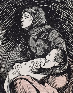 क्रिसमस की पूर्व संध्या। 1900. एक दुबली-पतली महिला अपने बच्चे को गोद में लिए (उत्कीर्णन) द्वारा रिकार्डो मारिया नवरेट