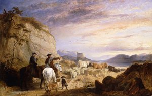 हाईलैंड डुड और डॉग्स इन द रॉकी वुडेड लैंडस्केप, 1846 में अपनी भेड़ और मवेशी चलाते हैं द्वारा रिचर्ड एन्सडेल