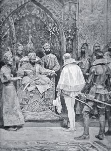 अकबर महान ने 1599 में महारानी एलिजाबेथ के राजदूत की अगवानी की (लिथो)
