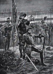 हेनरी VII को बोसवर्थ में ताज पहनाया गया, 'द हिस्ट्री ऑफ द नेशन' (लिथो) से चित्रण द्वारा रिचर्ड कैटन II (बाद में) वुडविले