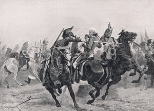 फ्रांसीसी ड्रगोन द्वारा सर राल्फ अबरक्रॉम्बी पर हमला, कैसेल, लंदन द्वारा प्रकाशित &39;ब्रिटिश बैटल ऑन लैंड एंड सी&39; का चित्रण, c.1910