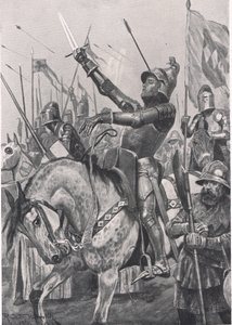 हेनरी होट्सपुर की मृत्यु, 21 जुलाई 1403, कैसल, लंदन द्वारा प्रकाशित &39;ब्रिटिश बैटल ऑन लैंड एंड सी&39; का चित्रण, c.1910 द्वारा रिचर्ड केटन वुडविले