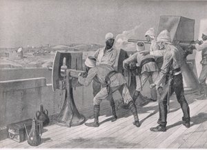 नील नदी के रास्ते में: दरवेश में फायरिंग, ब्रिटिश बैटल ऑन लैंड एंड सी, 1915 से चित्रण द्वारा रिचर्ड केटन वुडविले जूनियर