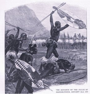 22 जनवरी 1879 को इसांडलवाना में ज़ूलस की उन्नति, भूमि और समुद्र पर ब्रिटिश लड़ाई से चित्रण, 1915 द्वारा रिचर्ड केटन वुडविले जूनियर