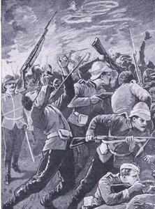 रुर्क्स बहाव की रक्षा, भूमि और सागर पर ब्रिटिश लड़ाई से चित्रण, 1915 द्वारा रिचर्ड केटन वुडविले जूनियर