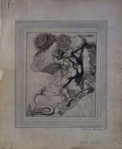 एक आदमी एक शेर और एक सर्प के बीच फंसा, c.1790 (कलम और भूरी स्याही, कागज पर ग्रे वॉश) द्वारा रिचर्ड कॉसवे