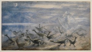 एक डायन और युवा ड्रेगन, 1876 के साथ मूनलाइट परिदृश्य द्वारा रिचर्ड डॉयल
