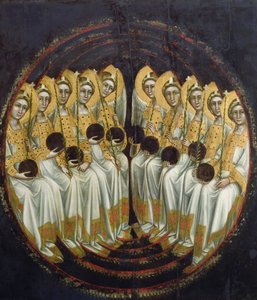 उनके हाथों में अंगो के साथ बैठा एन्जिल्स, c.1348-54