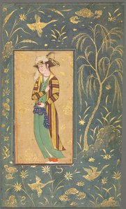 एक पृष्ठ पांडुलिपि से युवा अनार, चित्रण पकड़े हुए, c.1600-1650। द्वारा रिज़ा यि अब्बासी