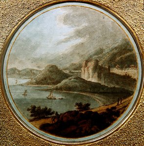 जहाजों के साथ समुद्र की खाड़ी के ऊपर महल, c.1775 (कागज पर पानी के रंग के साथ कलम और स्याही) द्वारा रॉबर्ट (attr। To) Adam