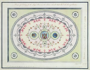 लेडीज़ रूम, हेडफोर्ट हाउस, 1772 में छत के लिए डिज़ाइन (निर्धारित कागज पर ग्रेफाइट पर पेन, इंक) द्वारा रॉबर्ट एडम