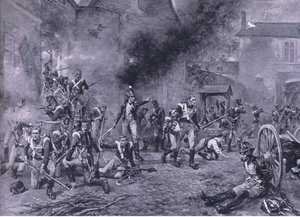 18 जून 1815 को हुगौमोंट की रक्षा, भूमि और सागर पर ब्रिटिश लड़ाई से चित्रण, 1915