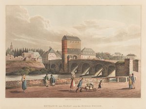 किंजिग ब्रिज, 1814 (एक्वाटिंट) पर हानाऊ में प्रवेश द्वारा रॉबर्ट बाउयर
