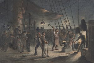 द फोर्ज ऑन डेक, 9 अगस्त की रात: कैपस्तान के लिए आयरन प्लेटिंग की तैयारी, 1865-66। द्वारा रॉबर्ट चार्ल्स डुडले