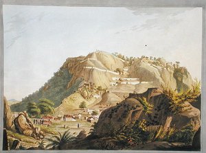 ऊतरा-दुर्गम का दक्षिण-पश्चिमी दृश्य, 'ट्वेल्व व्यूज़ ऑफ़ मैसूर, द कंट्री ऑफ़ टीपू सुल्तान' से चित्रण, जेडब्ल्यू एडी द्वारा उकेरा और रंगीन, 1804 में प्रकाशित (रंगीन एक्वाटिंट) द्वारा रॉबर्ट एच. (बाद में) कोलब्रुक