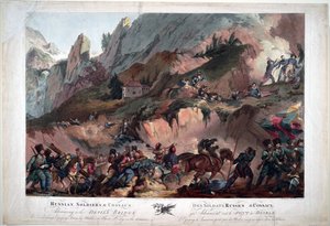 1799 में, नेपोलियन की टुकड़ियों ने रूसियों के खिलाफ डेविल्स ब्रिज पर लड़ाई लड़ी, जिसकी कमान जनरल सौवरोव ने दी थी - रूसी सेना 1799 में डेविल्स ब्रिज को पार कर रही थी - पोर्टर, रॉबर्ट कैर (1777-1842) - 1804 - एक्वाटिंट - 63x91.3 - निजी संग्रह