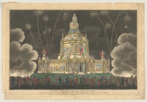 9 सितंबर, 1814 को जी को मनाने के लिए, ग्रीन पार्क में बनाए गए कॉनकॉर्ड के मंदिर का एक दृश्य।