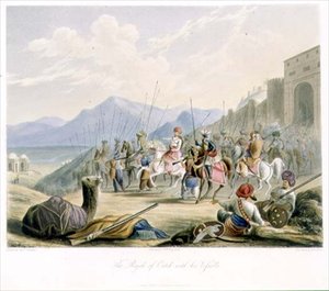 कच्छ का राजा, देसल II (1819-60) अपने जागीरदारों के साथ, 'सीनरी, कॉस्ट्यूम्स एंड आर्किटेक्चर ऑफ इंडिया' के खंड I से, आरजी रीव (fl.1811-37) द्वारा उकेरा गया और जेबी हॉगर्थ, पब द्वारा रंगा गया। द्वारा एकरमैन द्वारा रॉबर्ट मेलविले (बाद) ग्रिंडले