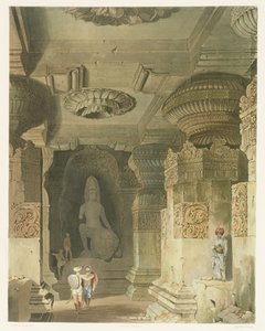 एलोरा के इंद्र सुब्बा के गुफा मंदिर का दृश्य, भारत के दृश्य, वेशभूषा और वास्तुकला के खंड II से, डेविड रॉबर्ट्स (fl.1821-50) द्वारा उत्कीर्ण डेविड रॉबर्ट्स (1796-1864) द्वारा बनाया गया