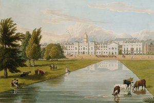 सेंट जेम्स पार्क, पब से लिया गया हॉर्स गार्ड और मेलबर्न हाउस का दृश्य। 1821 कोलनागि und कंपनी (एक्वाटिंट) द्वारा