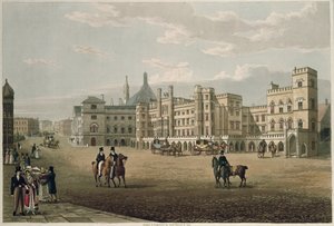 ओल्ड पैलेस यार्ड से पब और हाउस ऑफ लॉर्ड्स का दृश्य, पब। 1821 कोलनागि und कंपनी (एक्वाटिंट) द्वारा