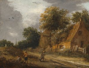 एक झोपड़ी से पहले सड़क से गुजरते हुए तीन आंकड़े द्वारा Roelof Jansz van Vries
