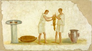 भोजन तैयार करने के साथ एक फ्रेस्को पैनल का टुकड़ा, c.100-150 द्वारा उपन्यास