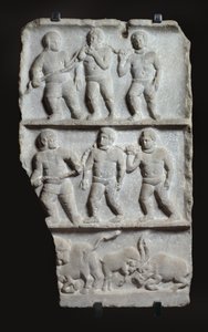 3 रजिस्टरों के साथ संगमरमर की राहत: जंजीरों और जानवरों में दास, c.200 ईस्वी (संगमरमर) द्वारा उपन्यास