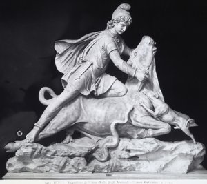 मिथ्रा बैल को मारते हुए, मिथ्राइक पंथ (संगमरमर) का प्रतिनिधित्व करते हैं द्वारा उपन्यास