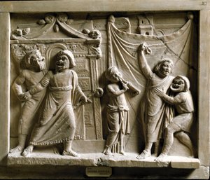 रोमन कला: टेरेंस (पब्लियस टेरेंटियस अफेर) (185-159 ईसा पूर्व) द्वारा "एंड्रिया" टुकड़े का कॉमेडी थिएटर दृश्य (कॉमेडी), पोम्पेई से राहत - म्यूजियो आर्कियोलॉजिको नाजियोनेल नेपल्स - ग्रीक कॉमेडी एंड्रिया का दृश्य, टेरेंस द्वारा (पब्लियस टेरेंटियस) अ द्वारा उपन्यास