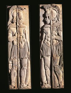 रोमन सभ्यता, योद्धाओं की हड्डी की नक्काशी की जोड़ी, प्रेनेस्टे, लाज़ियो क्षेत्र, इटली से द्वारा उपन्यास